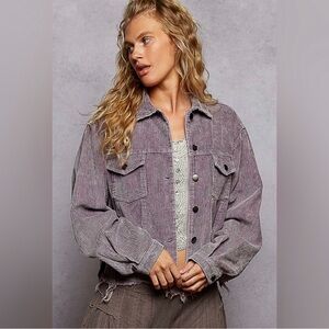 POL Corduroy Trucker Jacket Women's Size Large Distressed Raw Hem Purple